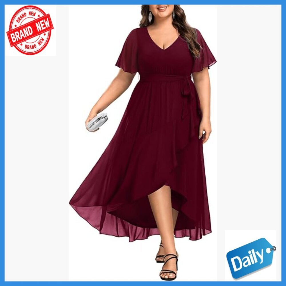 Plus Size Chiffon Maxi Dress High Low Ruffle V-Neck Formal Evening Gown